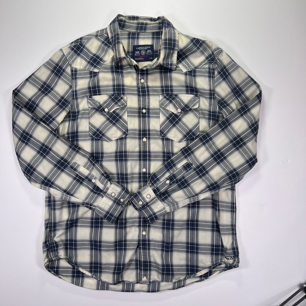 American Eagle Plaid Western Shirt Mens Large Blue Cream Vintage Fit Snap Button